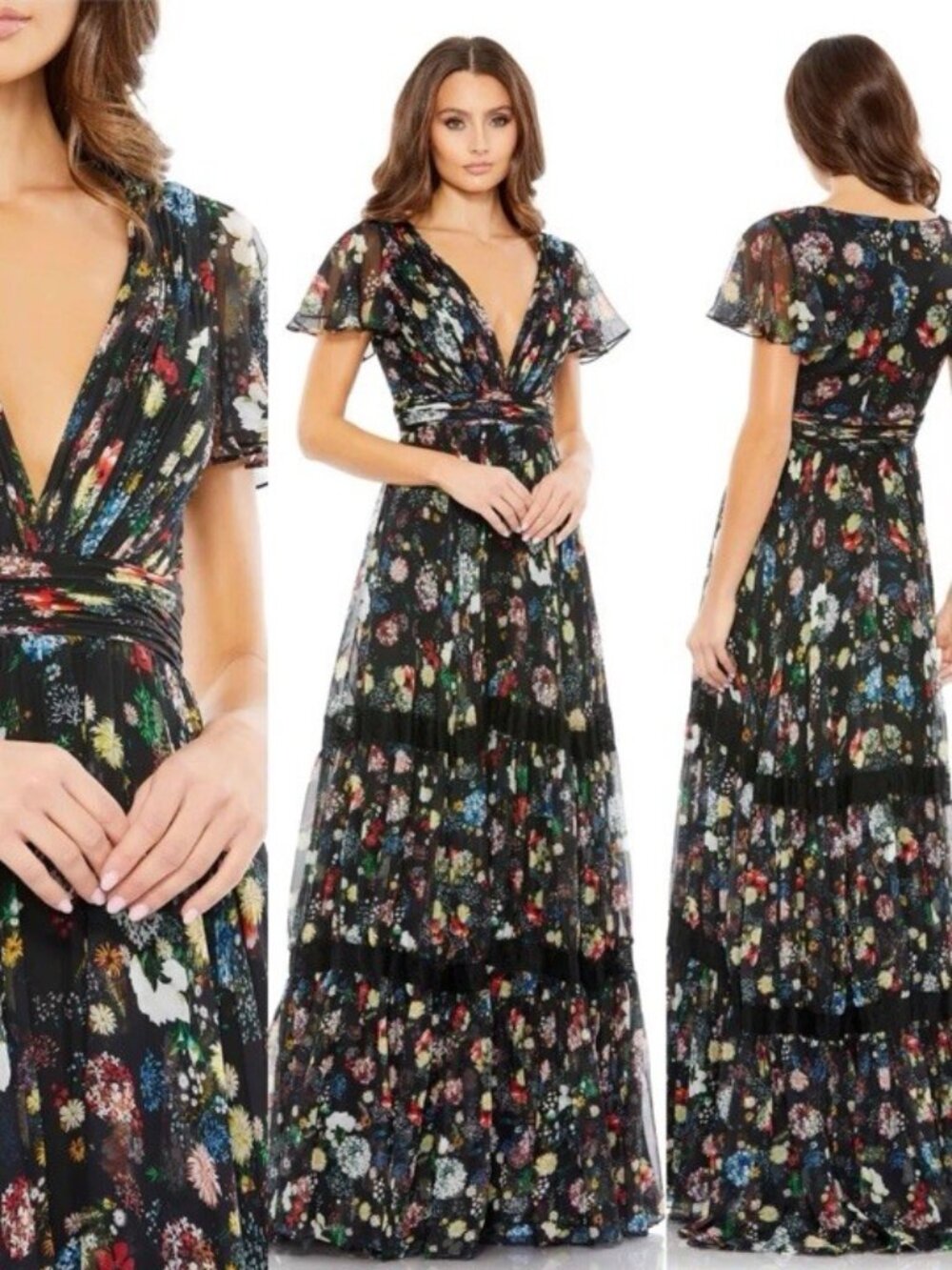 Mac Duggal Size 2 Black 67934 Floral Wrap Maxi Dress Butterly Sleeve Tiered NWT - Picture 2 of 15